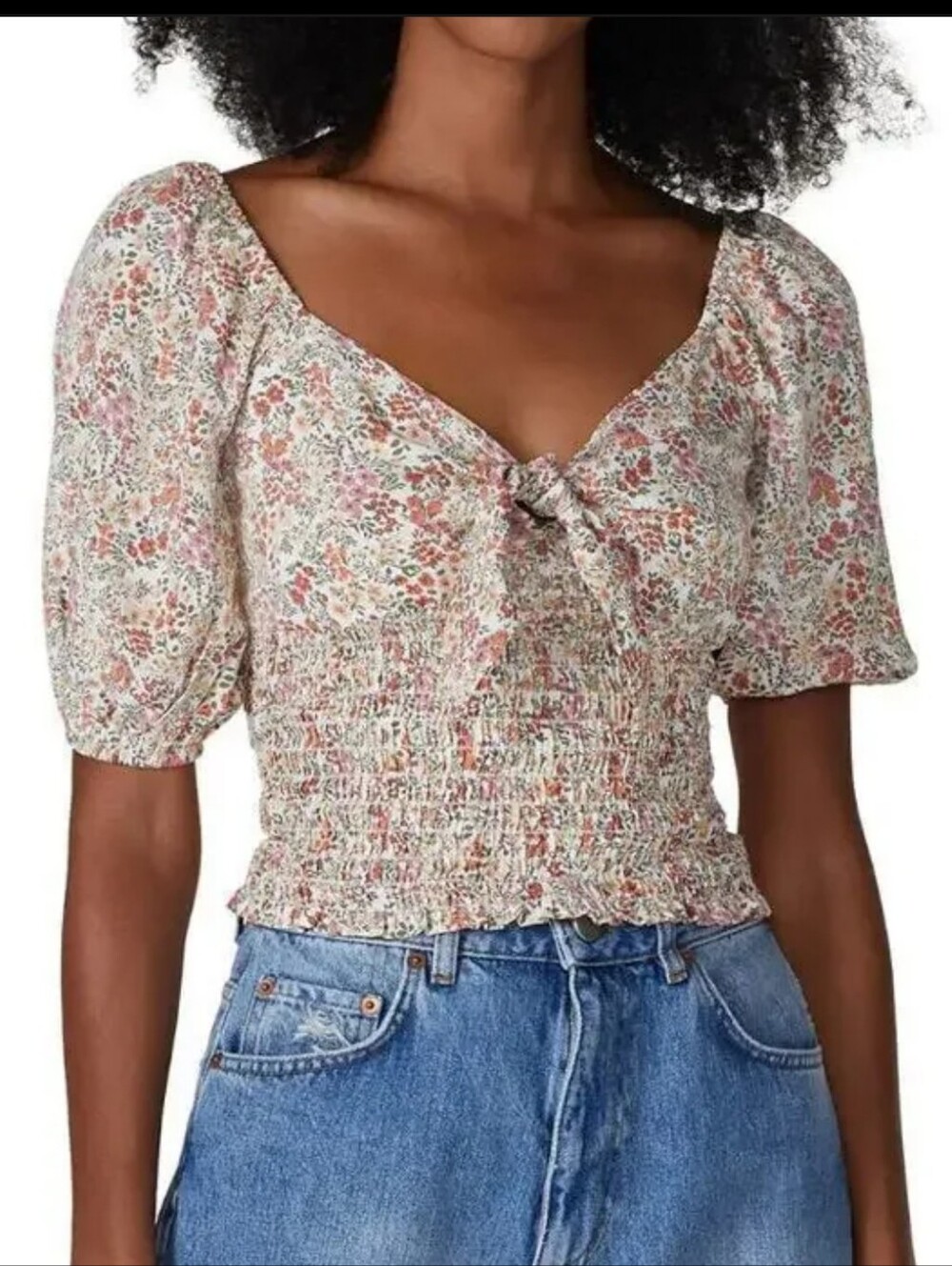 LOUNA  Floral Smocked Puff-Sleeve Crip Top - Cream/Pink Size M MEDIUM